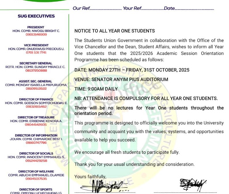 Notice to All Year One Students