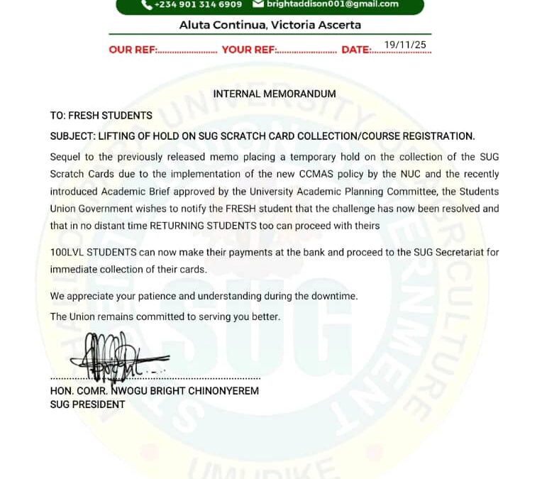 Lifting of Hold on SUG Scratch Card Collection/Course Registration